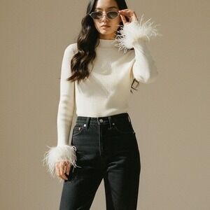 NWT Aqua L Ribbed Mock Neck Feather Cuff Sweater Cream Glam Party Statement Chic